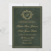 Invitation Crest monogram QR code emerald green gold wedding (Devant)