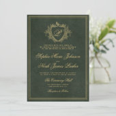 Invitation Crest monogram QR code emerald green gold wedding (Debout devant)