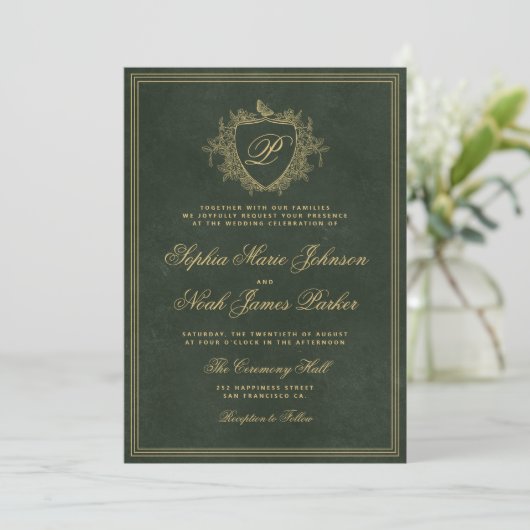 Invitation Crest monogram QR code emerald green gold wedding (Debout devant)