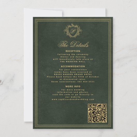 Invitation Crest monogram QR code emerald green gold wedding (Dos)