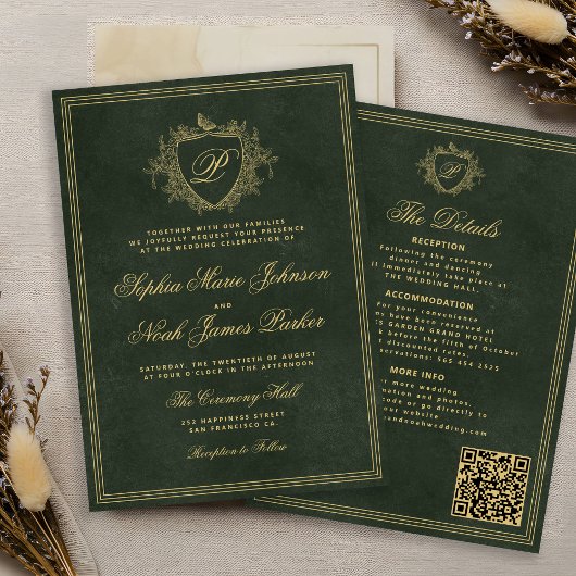 Invitation Crest monogram QR code emerald green gold wedding