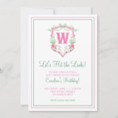 Invitation Crest Monogramme Chariot de Golf Rose et Vert Aqua (Devant)