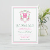 Invitation Crest Monogramme Chariot de Golf Rose et Vert Aqua (Debout devant)