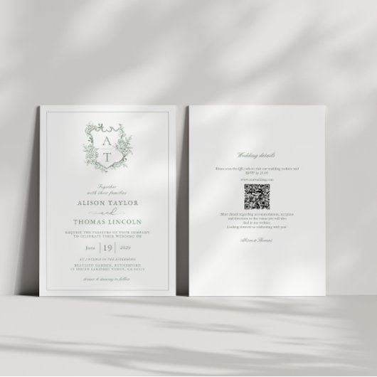 Invitation Crest Sage vert Monogramme QR Code Mariage