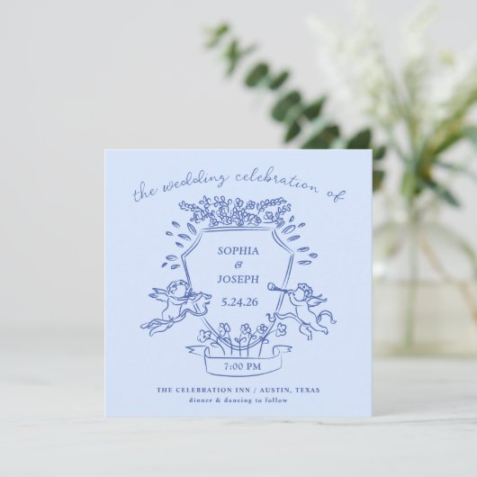 Invitation Crête à main bleue avec Cherubs | MARIAGE (Debout devant)
