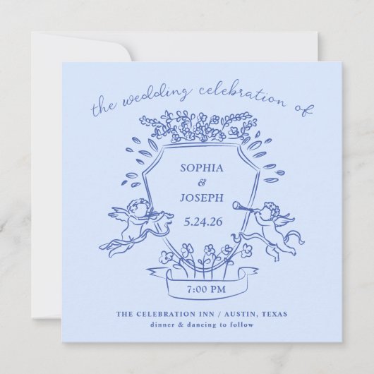 Invitation Crête à main bleue avec Cherubs | MARIAGE (Devant)