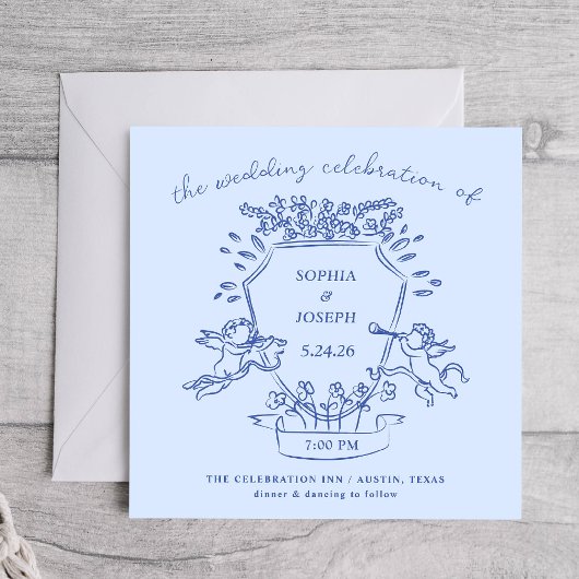 Invitation Crête à main bleue avec Cherubs | MARIAGE