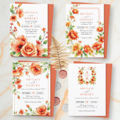 Invitation Crête de fleur orange et initiales mariage floral