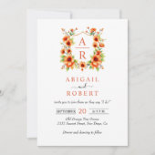 Invitation Crête de fleur orange et initiales mariage floral (Devant)