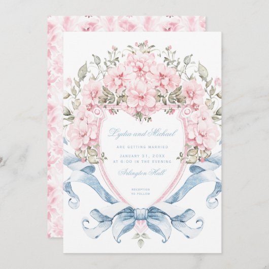 Invitation Crête de fleurs de cerise douce | Mariage de monog (Devant / Derrière)