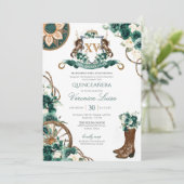 Invitation Crête florale Charro Emerald Green Quinceanera (Debout devant)