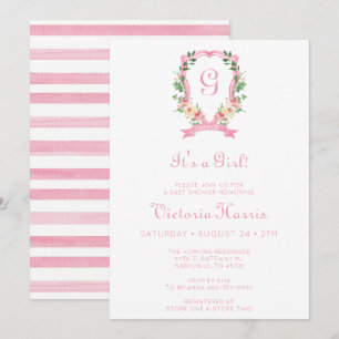 Invitation Crête florale rose C'est un Baby shower féminin