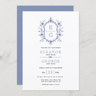 Invitation Crête florale vintage bleue initiales mariage