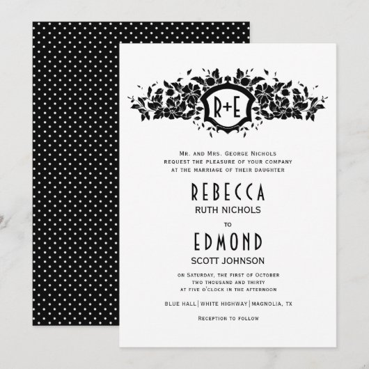 Invitation Crête héraldique blanche noire mariage (Devant / Derrière)