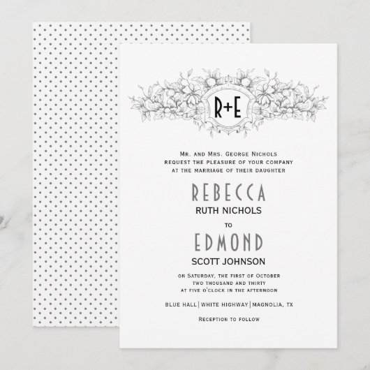 Invitation Crête héraldique grise avec initiales mariage (Devant / Derrière)