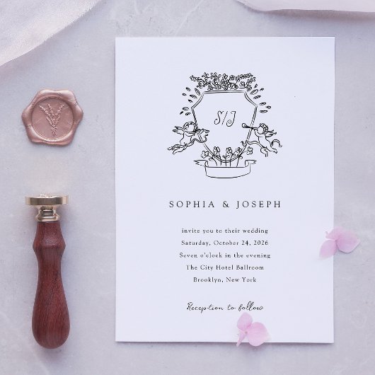 Invitation Crête lunaire | Mariage noir et blanc Monogramme