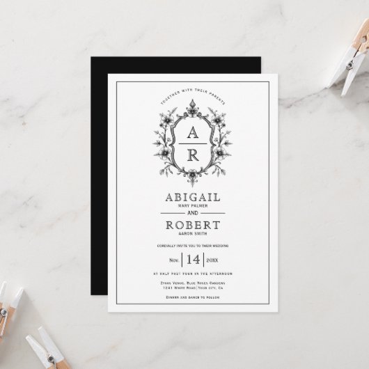 Invitation Crête vintage noire et mariage des initiales (Devant/Arrière en situation)