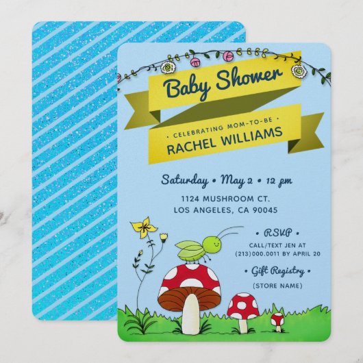 Invitation Cricket Garden Parties scintillant thème Blue Baby (Devant / Derrière)