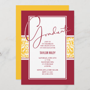 Invitation Crimson and Yellow Damask Graduation
