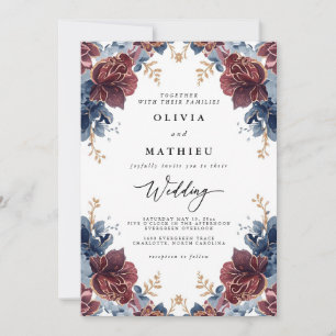 Invitation Crimson Blue Floral Romance Mariage