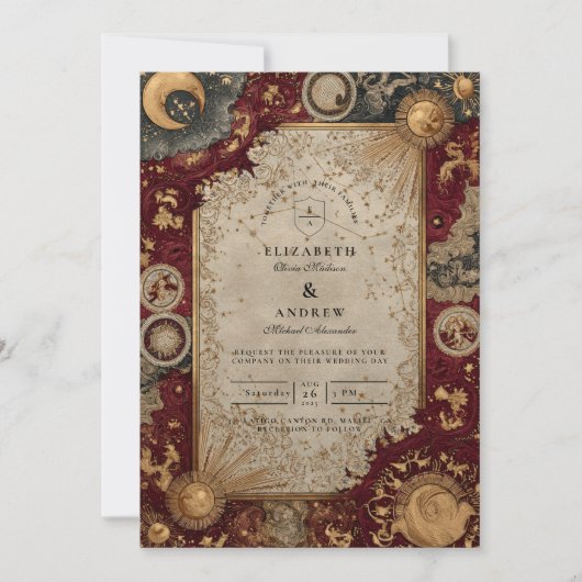 Invitation Crimson Celestial Baroque Wedding (Devant)