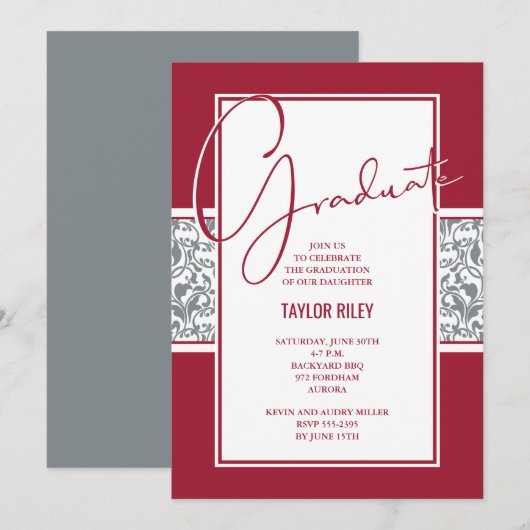 Invitation Crimson Grey Damask Graduation (Devant / Derrière)