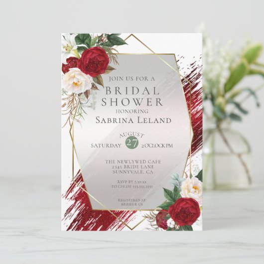 Invitation Crimson Paint Stroke et moderne Scarlet Peonies (Debout devant)