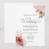 Invitation Crimson pâle et fleurs roses poussiéreuses (Devant / Derrière)