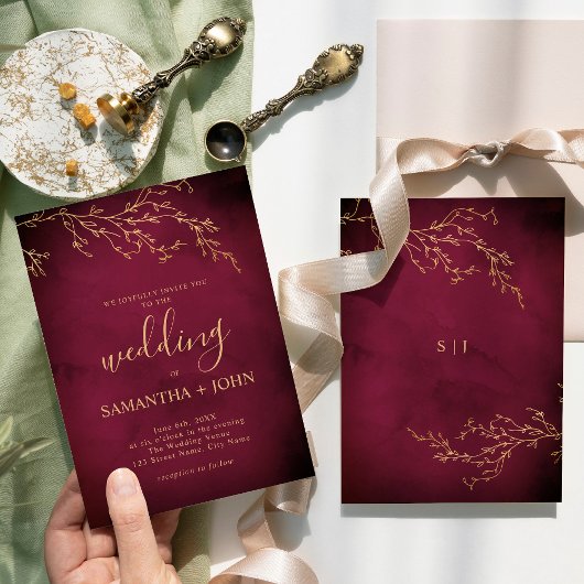 Invitation Crimson Red & Gold Botanical Mariage élégant