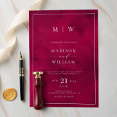 Invitation Crimson Red Monogram & Border Mariage élégant