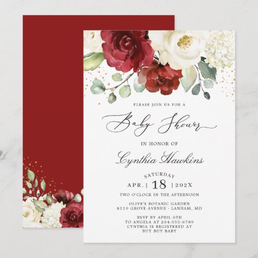 Invitation Crimson Rouge Blanc Rustique Chic Baby shower Flor (Devant / Derrière)