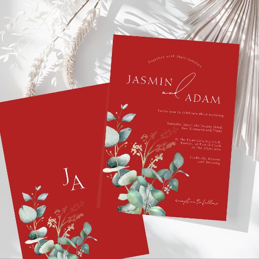Invitation Crimson Rouge Eucalyptus Mariage de monographie