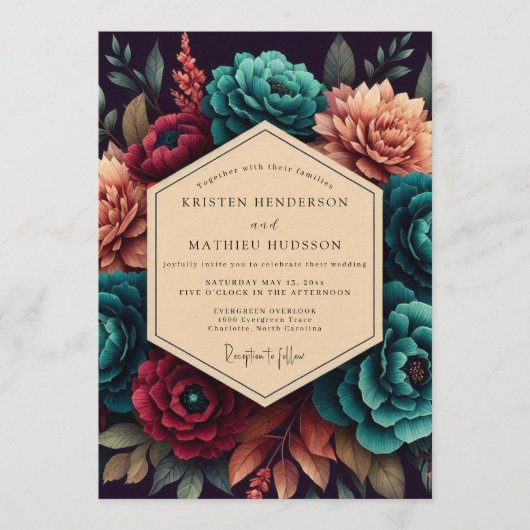 Invitation Crimson & Teal Opulent Bloom Wedding (Devant)