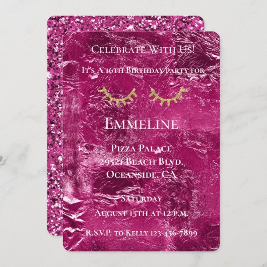 Invitation Crinké rose Glitzy Gold Parties scintillant Eyelas (Devant / Derrière)