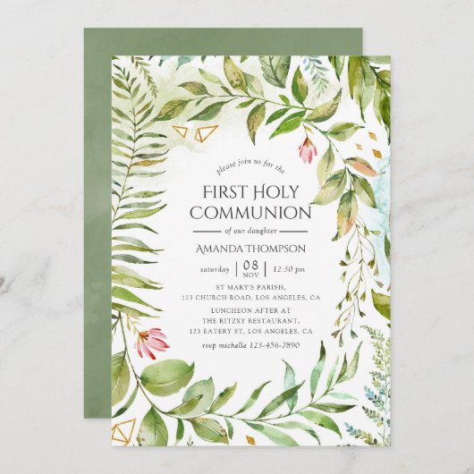 Invitation Cristal Géométrique Verdure Première Communion Sai (Devant / Derrière)