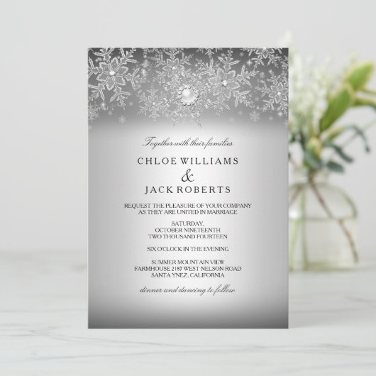 Invitation Cristal Pearl Snowflake Silver Mariage d'hiver (Debout devant)