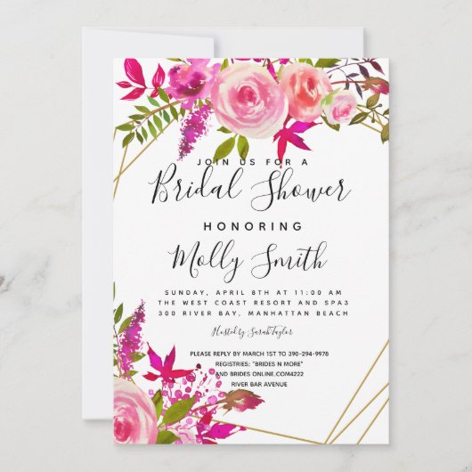 Invitation Cristal rose Peach Roses Aquarelle douche nuptiale (Devant)