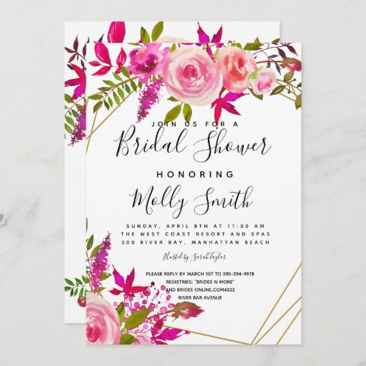 Invitation Cristal rose Peach Roses Aquarelle douche nuptiale (Devant / Derrière)