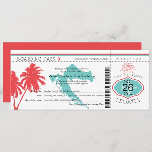 Invitation Croatie Boaring Pass Turquoise et corail (Devant / Derrière)