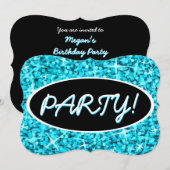 Invitation Crochet ovale noir Glitz Blue 'Party ! ' (Devant / Derrière)