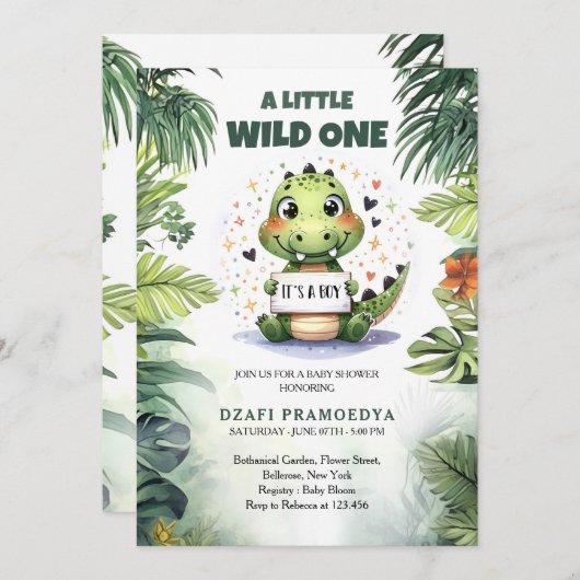 Invitation Crocodile de bébé mignon dans la jungle aquarelle (Devant / Derrière)