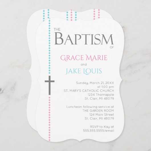 Invitation croisée de baptême jumelle (Devant / Derrière)