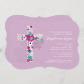 Invitation croisée florale rose moderne de baptême (Devant / Derrière)