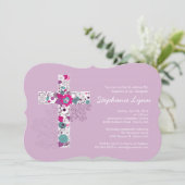 Invitation croisée florale rose moderne de baptême (Debout devant)