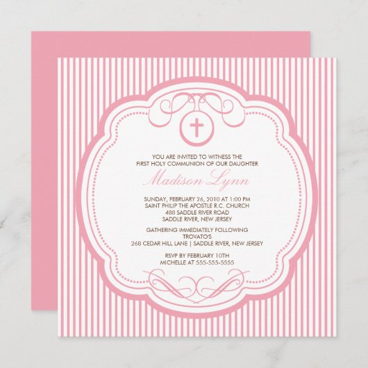 Invitation croisée rose douce de communion de (Devant / Derrière)