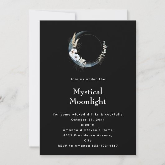 Invitation Croissant de Lune Bleu avec Fleurs Blanches Hallow (Devant)