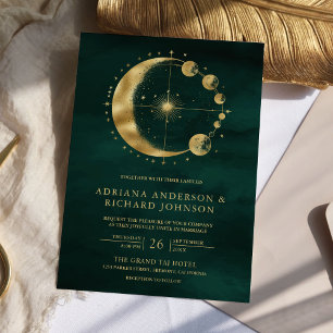 Invitation Croissant de Lune de Mariage en Or Émeraude Célest