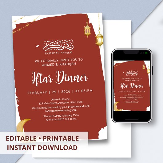 Invitation Croissant de lune de Ramadan Iftar Rouge Rustique