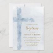 Invitation croix aquarelle bleue Baptême (Devant)