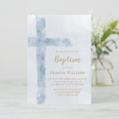 Invitation croix aquarelle bleue Baptême (Debout devant)